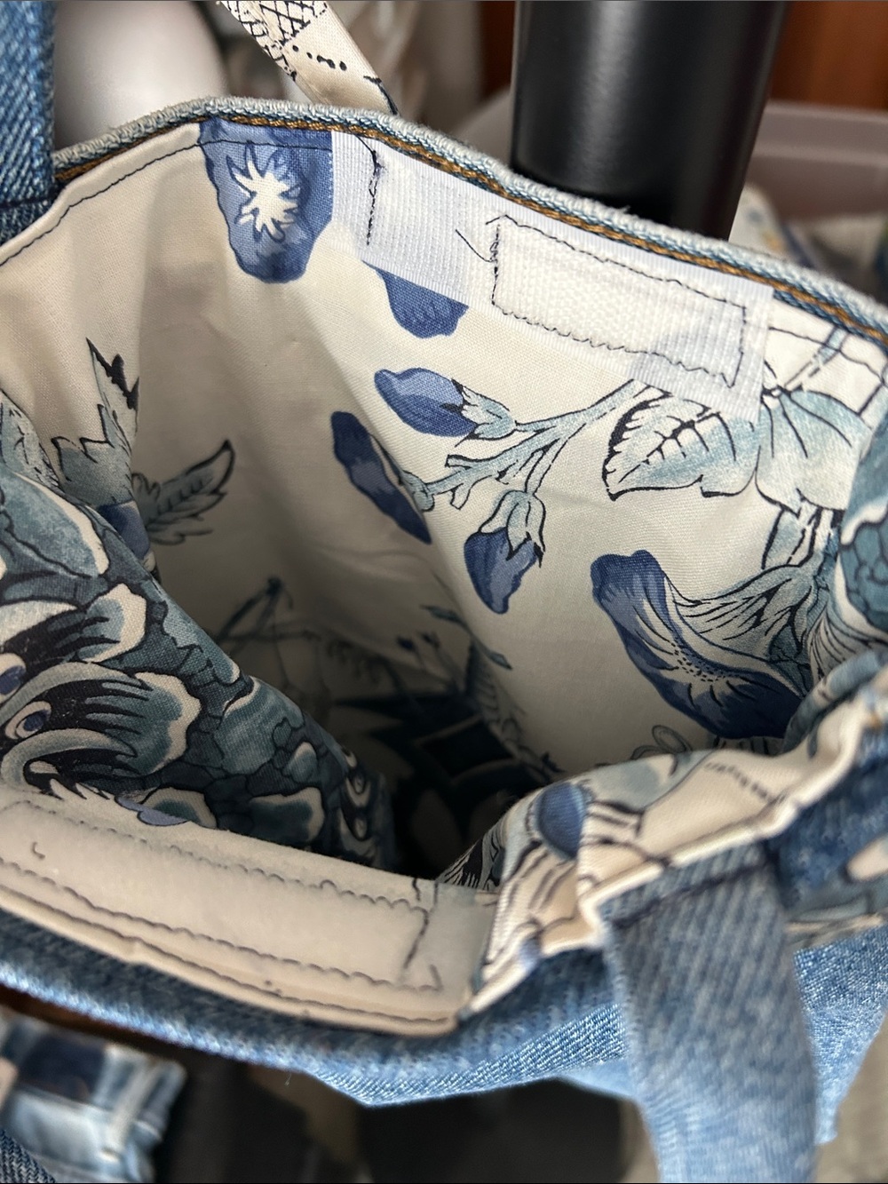 Denim Bag with Floral Accent - Blue - Picture 3 of 4